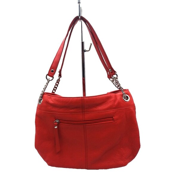 Tignanello Pebble Leather Chain Tote Handbag Purse Tomato Red Shoulder Bag Large - Picture 2 of 15